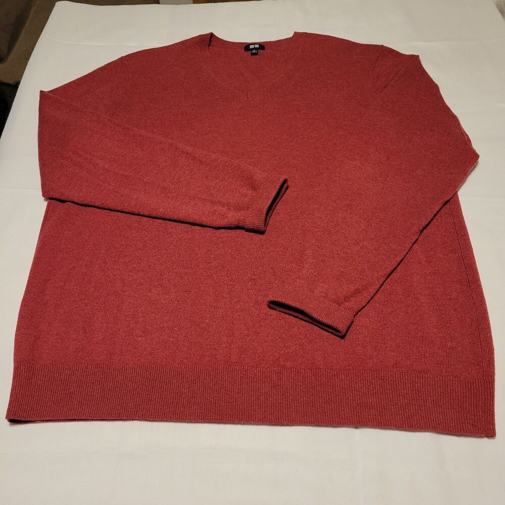 Uniqlo Men's Sweater Red Orange 100 % Cashmere V Neck Pullover Long Sleeve  XL